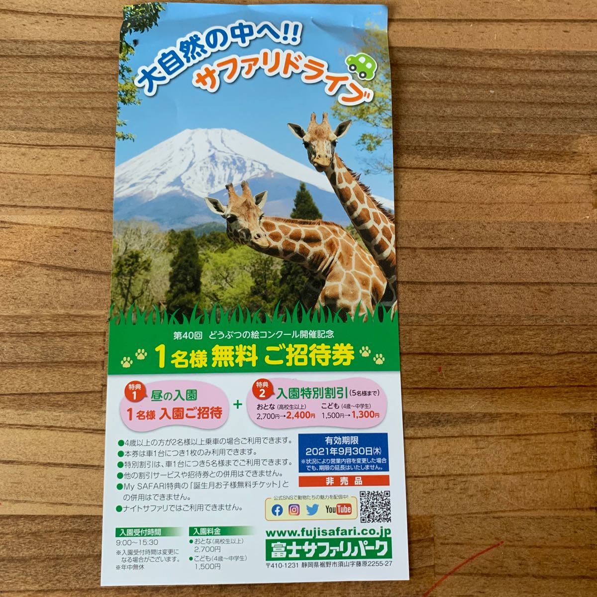 富士サファリパーク ご招待券 - 動物園