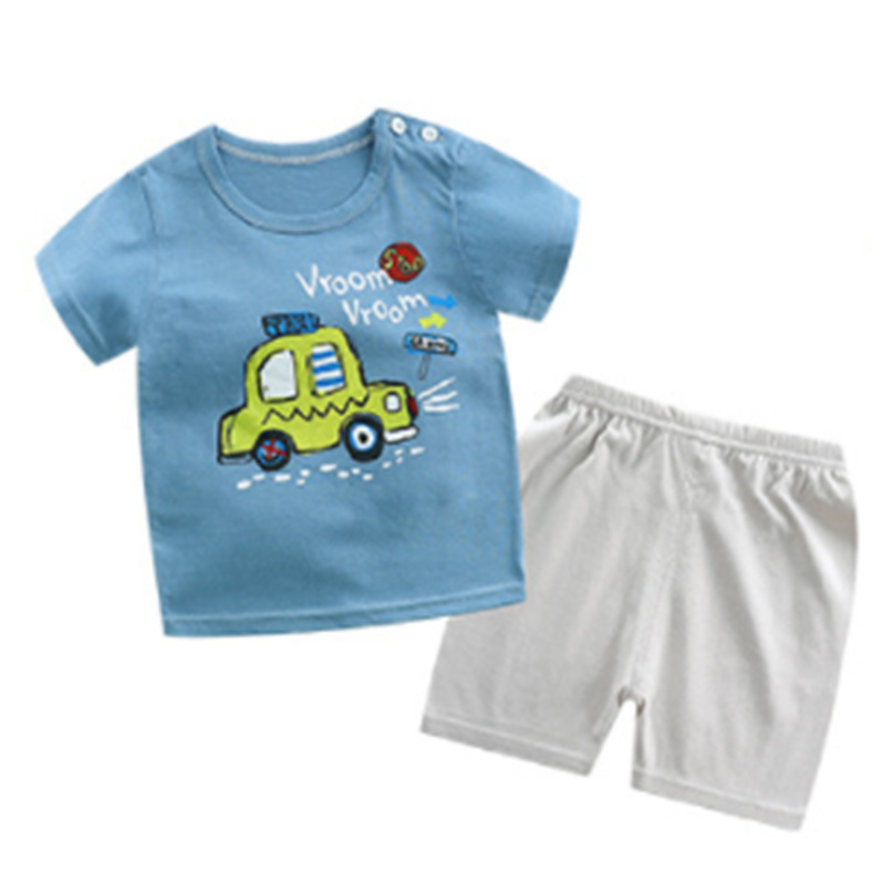  new goods free shipping Kids for short sleeves short pants pyjamas child clothes top and bottom set blue car 110/70
