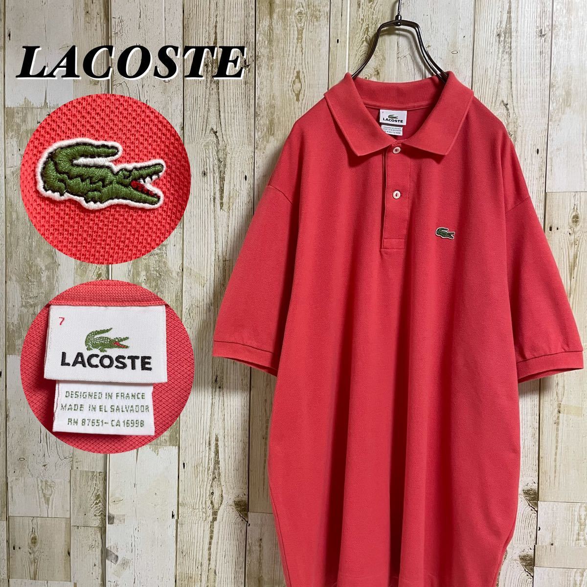 【ビッグサイズ】LACOSTE ラコステ 刺繍ロゴ 裾スリット 半袖ポロシャツ サイズ7 2XL サーモンピンク レアカラー 王道クラシカル 古着