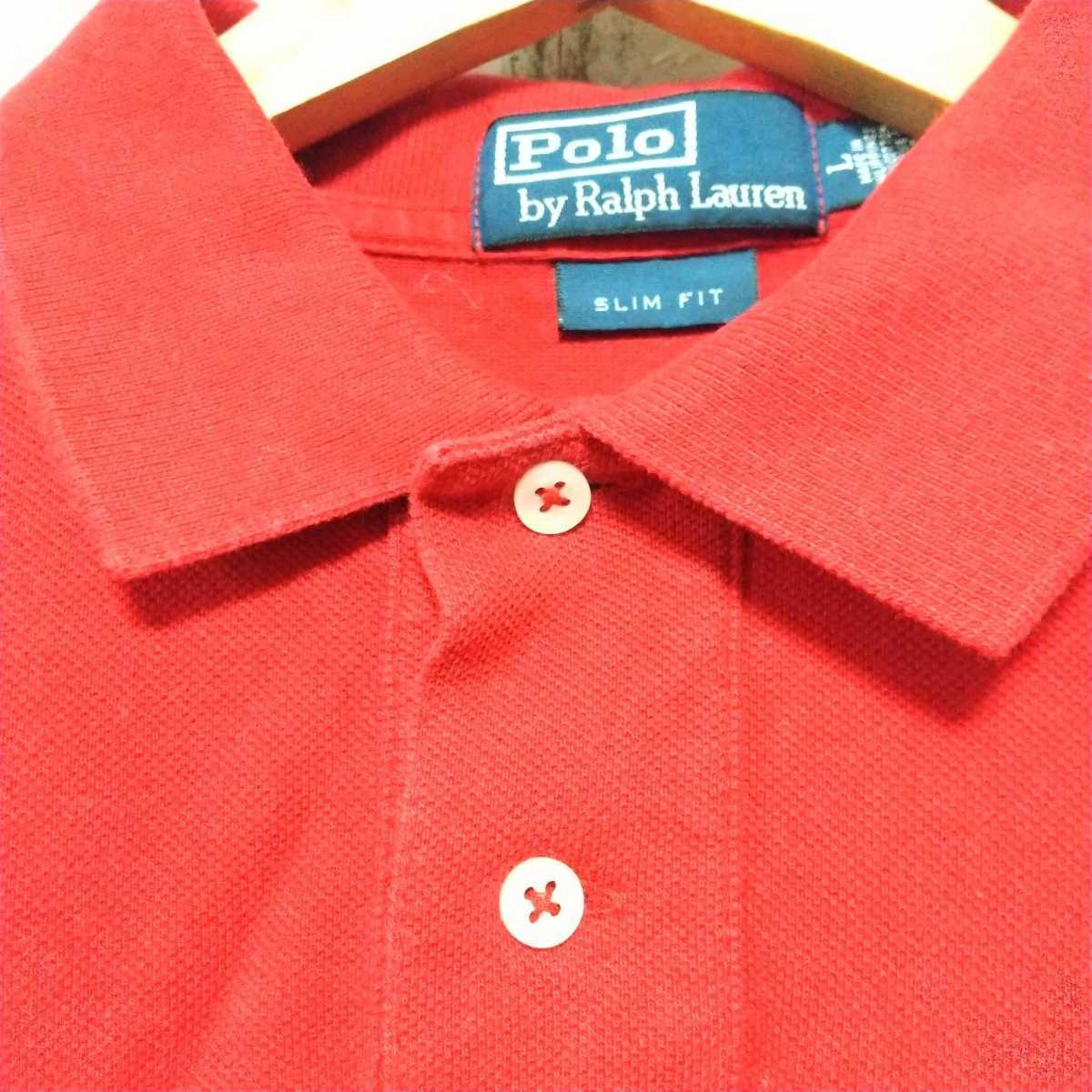 F2378UL◇Polo by Ralph Lauren ポロ バイ ラルフローレン◇サイズＬ 半袖ポロシャツ レッド メンズ 綿100% 古着 ヴィンテージの画像5