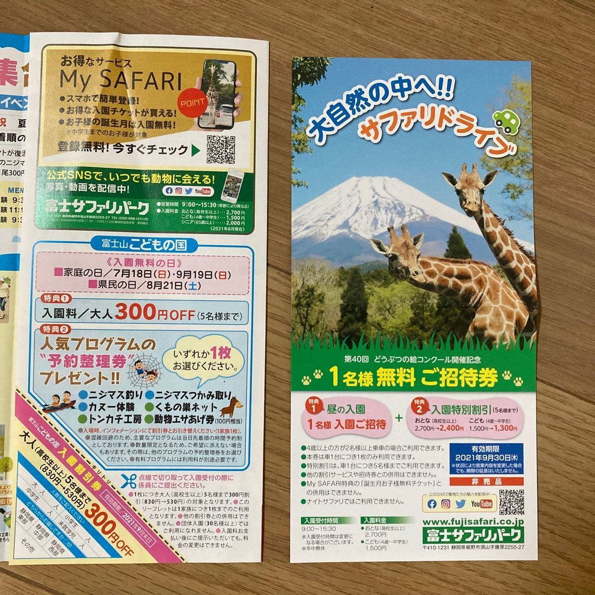 PayPayフリマ｜富士サファリパーク 無料券割引券 富士山こどもの国入園割引券付き