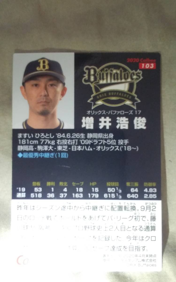 カルビー　プロ野球チップスカード　2020　第2弾　レギュラーカード　オリックスバファローズ　増井浩俊_画像2