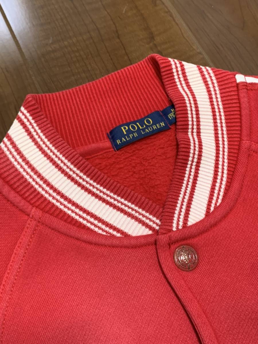 美品☆ 国内正規 [POLO RALPH LAUREN] ヴィンテージ加工 スウェットスタジャン レターマンジャケット M レッド ポロ ラルフローレン_画像4