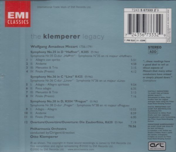 [CD/Emi]モーツァルト:交響曲第35,36&38番他/O.クレンペラー&フィルハーモニア管弦楽団_画像2