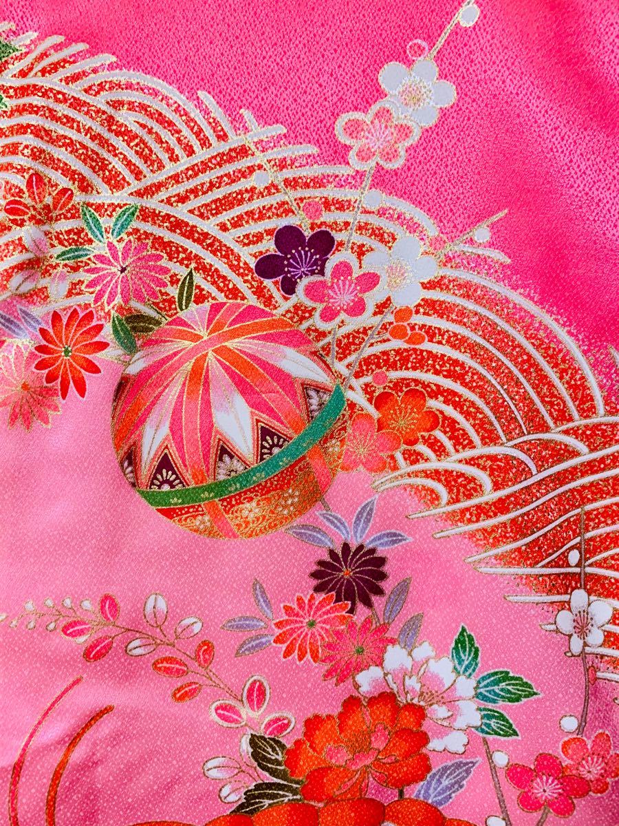 七五三 7歳女の子 長着きもの 波・雲取り・扇・花・梅・金糸・刺繍・笹-