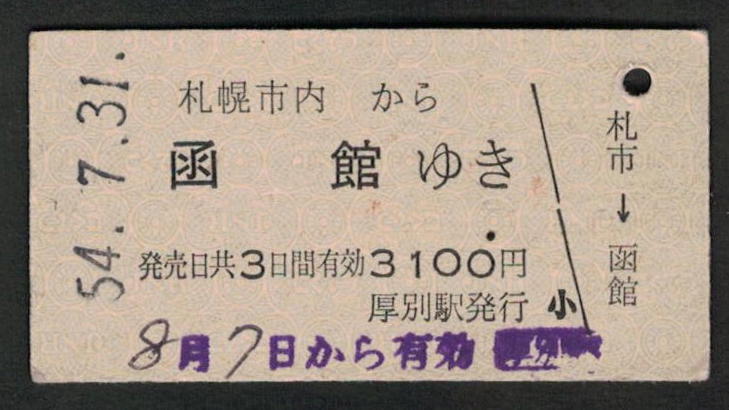 A型青地紋乗車券 厚別駅発行 札幌市内から函館 昭和50年代（払戻券）_画像1