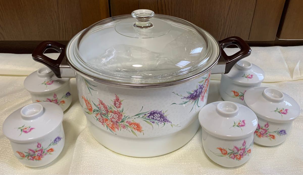 昭和レトロ ホーロー 蒸し器 茶碗蒸し 5客セット 花柄 フラワー 昭和レトロ ホーロー 蒸し器 茶碗蒸し 5客セット 花柄 フラワー