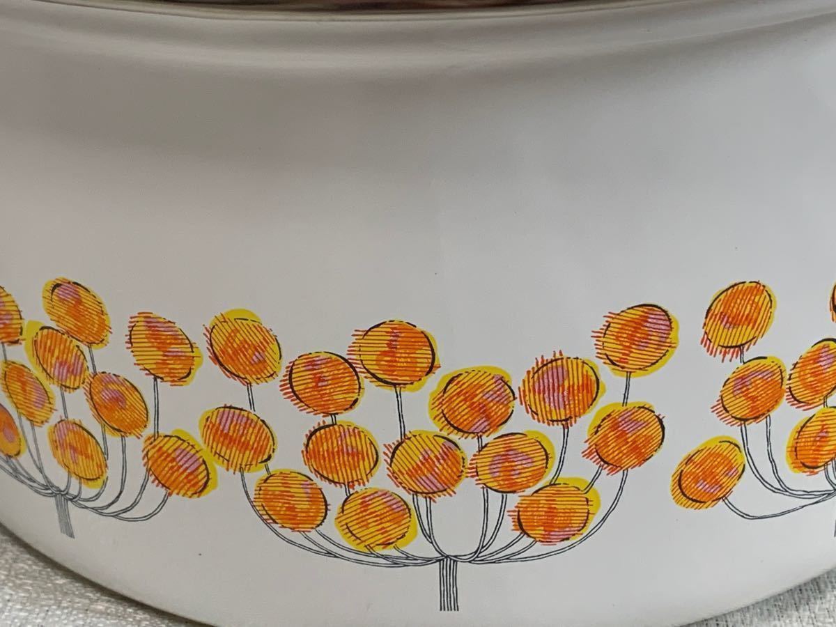 昭和レトロ　ホーロー 象印 両手鍋 琺瑯　オレンジ　花柄　20cm