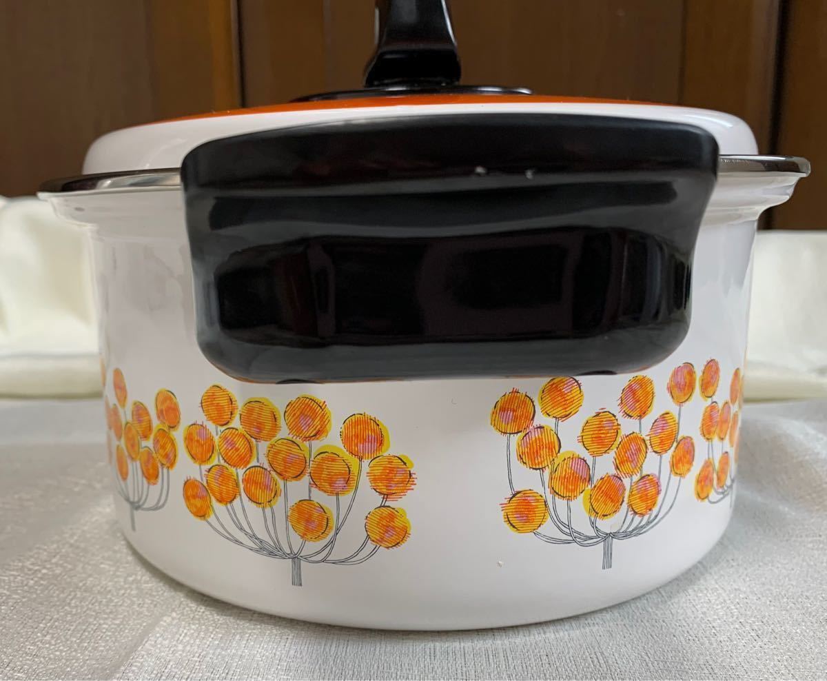 昭和レトロ　ホーロー 象印 両手鍋 琺瑯　オレンジ　花柄　20cm