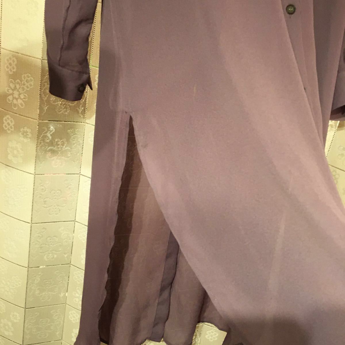 Hunch 美品　シアーバンドカラー　ヒラヒラ可愛い　バックスリット　ロングシャツワンピース　くすみピンク　涼しげな透け感　羽織り