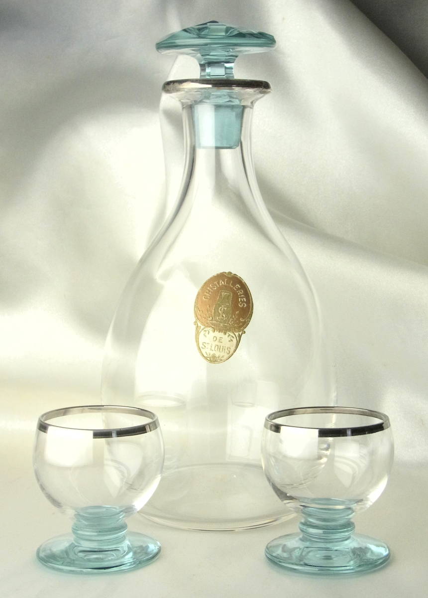 稀少 20’ OLD ST LOUIS オールドサンルイ 銀彩付きリキュールカラフ グラス ネオジウム2種類の色味 上質クリスタル アンティーク_画像1