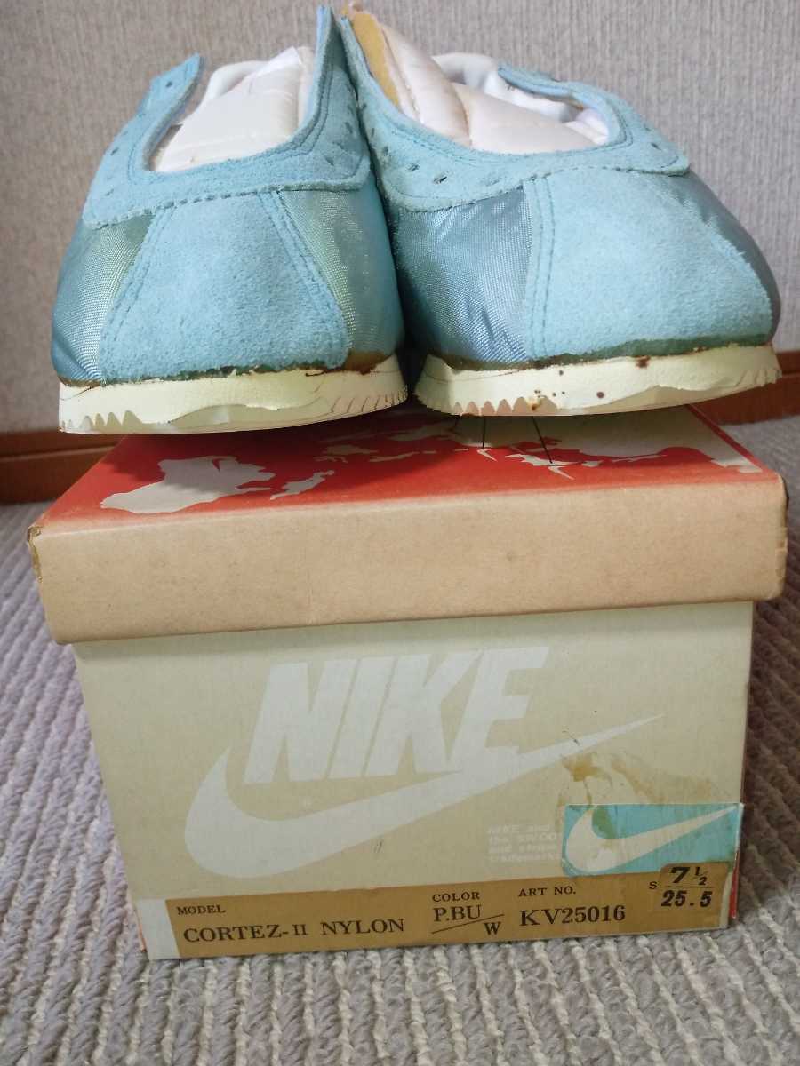 80sNIKE デッドストック ヴィンテージ ナイキ ナイロンコルテッツ-Ⅱ水色 7 サイズ25,5 右足焼け ひもシミ有り 箱付き 日本製の画像1