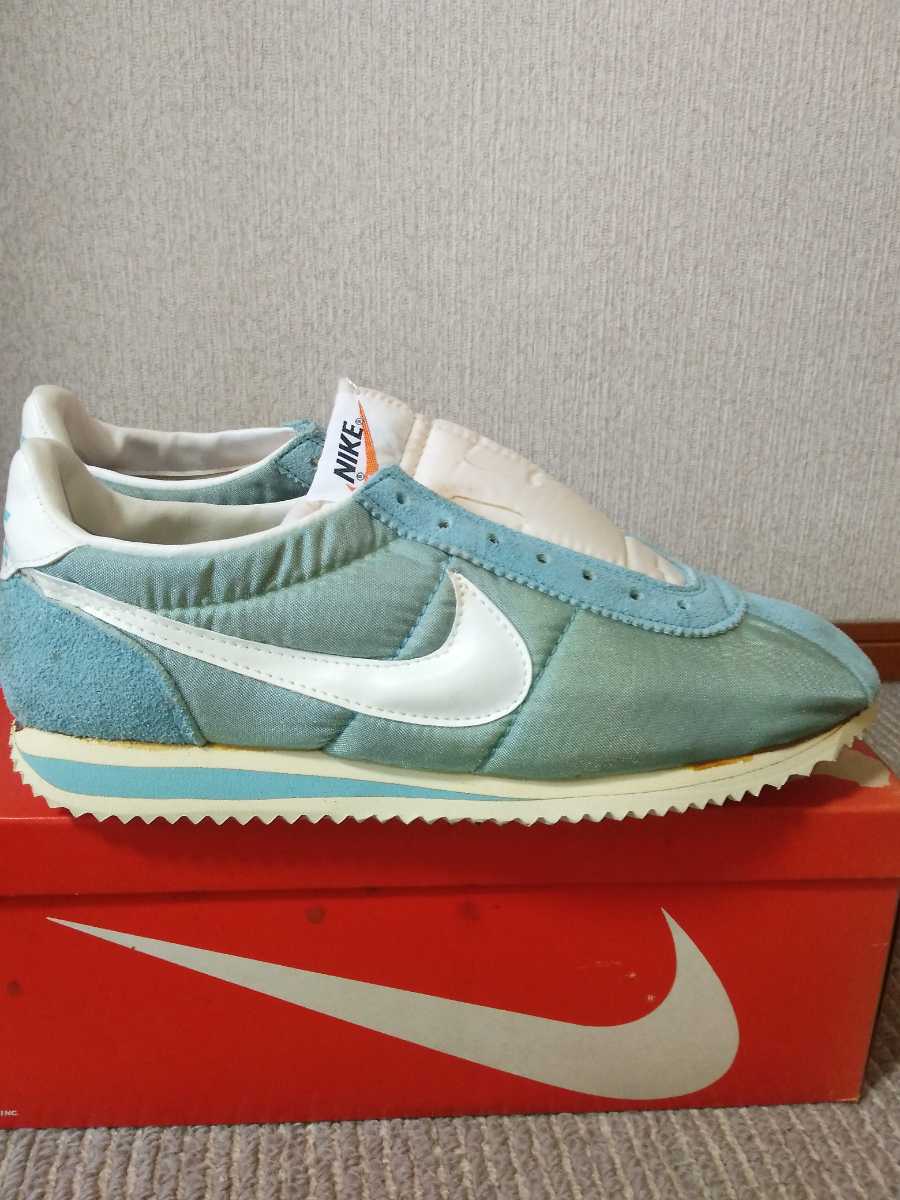 80sNIKE デッドストック ヴィンテージ ナイキ ナイロンコルテッツ-Ⅱ水色 7 サイズ25,5 右足焼け ひもシミ有り 箱付き 日本製の画像2