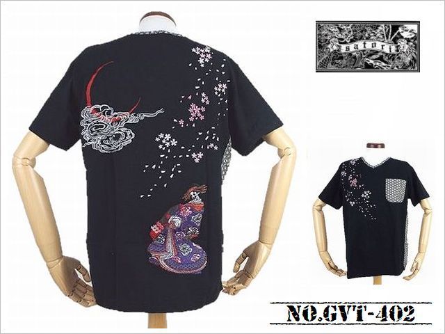 【送料無料! SPECIAL STOCK SALE 】 「satori」 髑髏花魁柄　刺繍＆切替 VネックTシャツ　NO.GVT-402 BLACK_Mサイズ_画像1