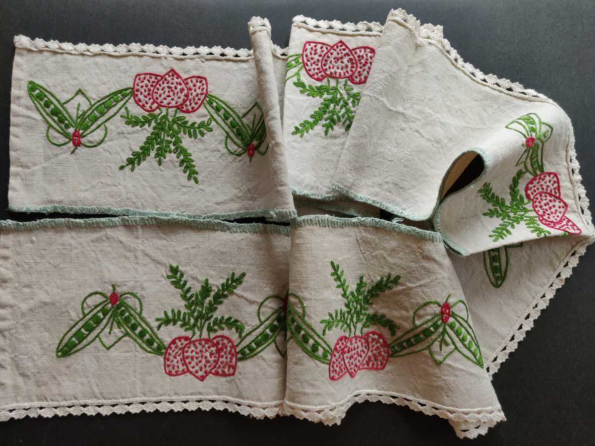リネン　手刺繍　手縫い　棚飾り　いちご　ストロベリー　果物　さやえんどう　えんどう豆　農家　麻　フランス アンティーク ヴィンテージ