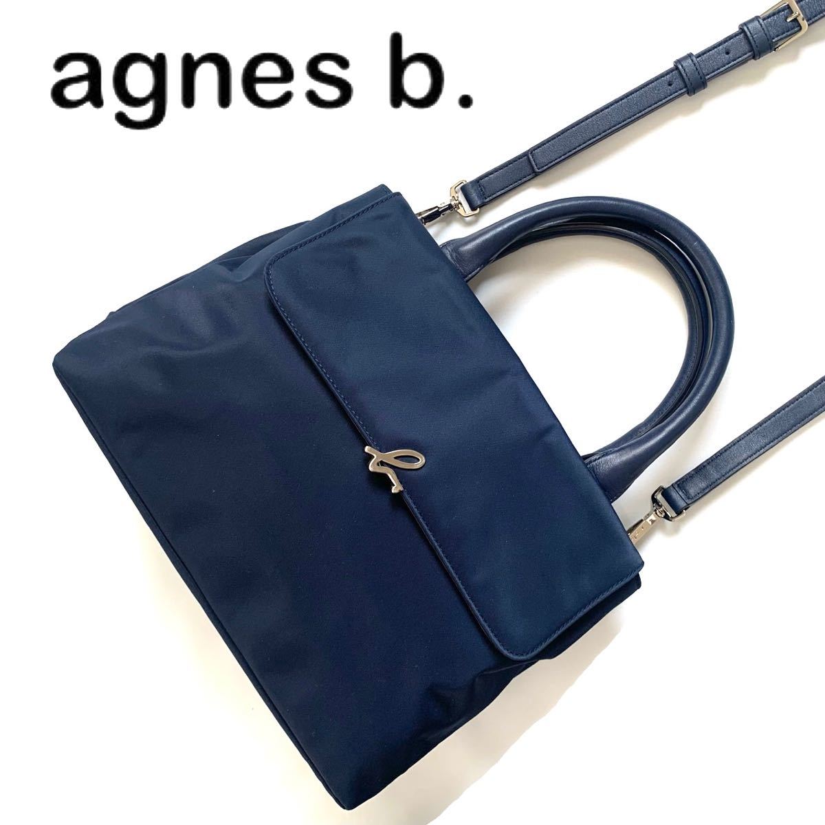 [ free shipping ]agnes b. Agnes B nylon leather 2way shoulder bag navy navy blue color handbag leather bag 