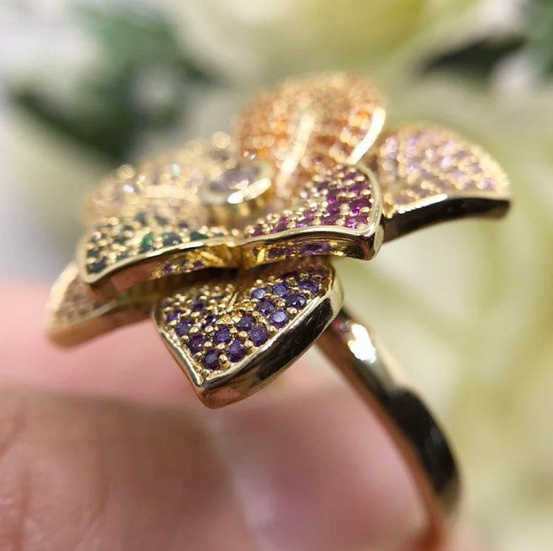 10 number * multicolor Cubic Zirconia. . flower design gorgeous ring * lady's ring yellow gold accessory new goods gem cz ring