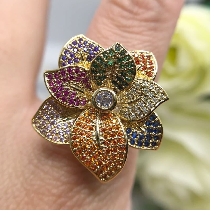10 number * multicolor Cubic Zirconia. . flower design gorgeous ring * lady's ring yellow gold accessory new goods gem cz ring