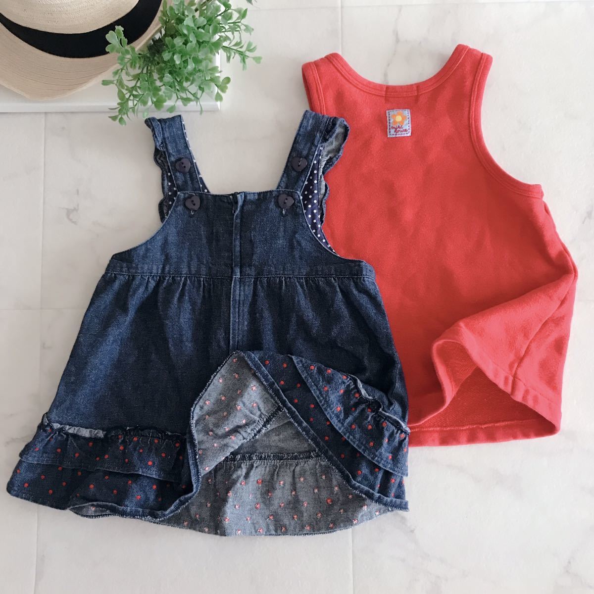 # postage included # prompt decision [2 point set ]80 MIKIHOUSE Miki House retro solid ... Chan Denim One-piece frill . flower embroidery girl set sale 