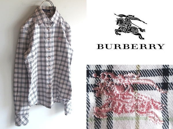 ネコポス対応 BURBERRY LONDON BLUE LABEL バーバリー ブルーレーベル ホースロゴ刺繍 ストレッチ ノバチェックシャツ ブラウス 36 日本製_画像1