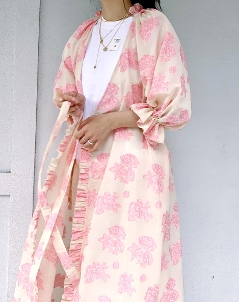  new goods maturely floral print Jaguar do maxi coat One-piece Vintage manner gown pink inset .a Lee BEAMS BOY