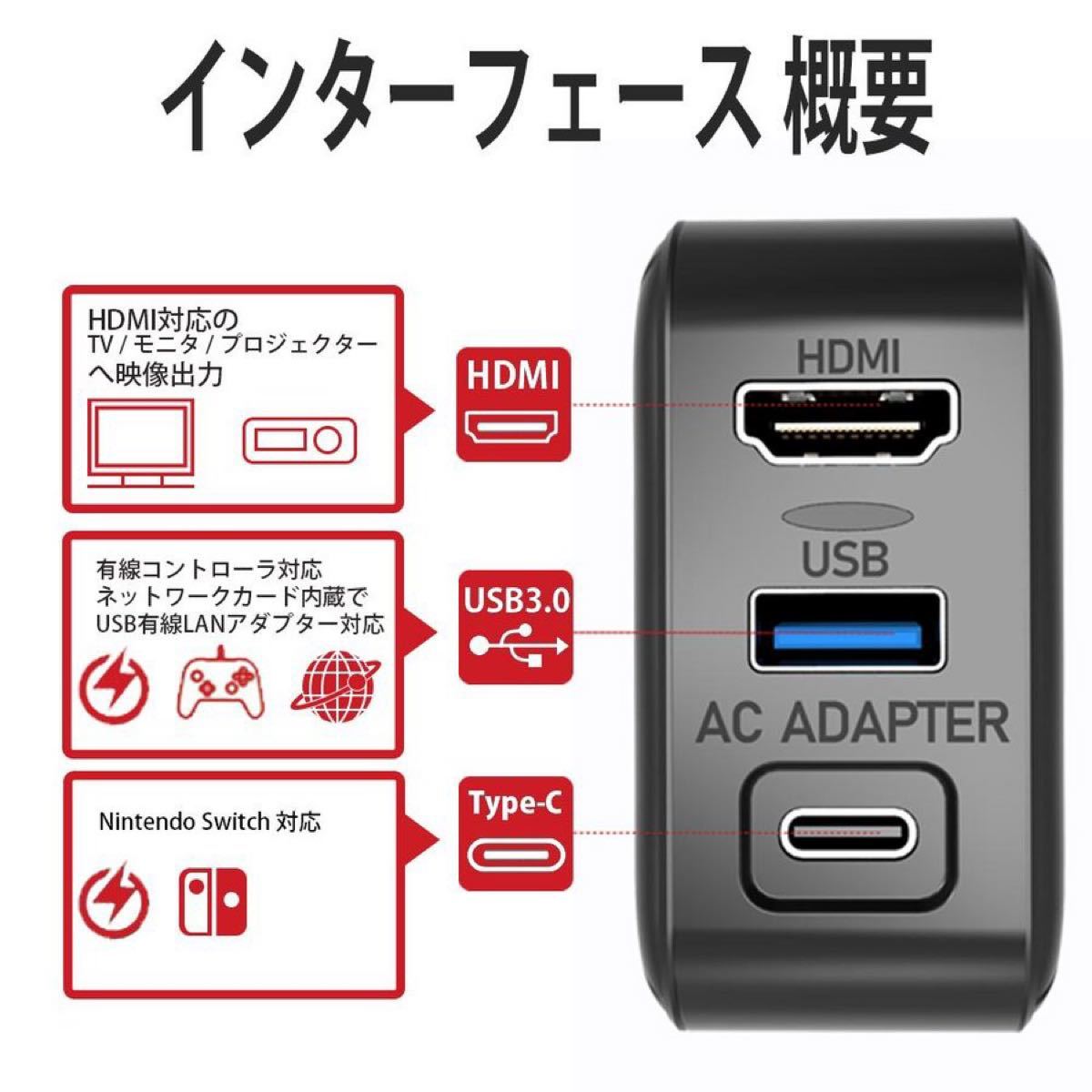 スイッチ用ACアダプター 多機能 HDMI 変換アダプター Type-c充電器