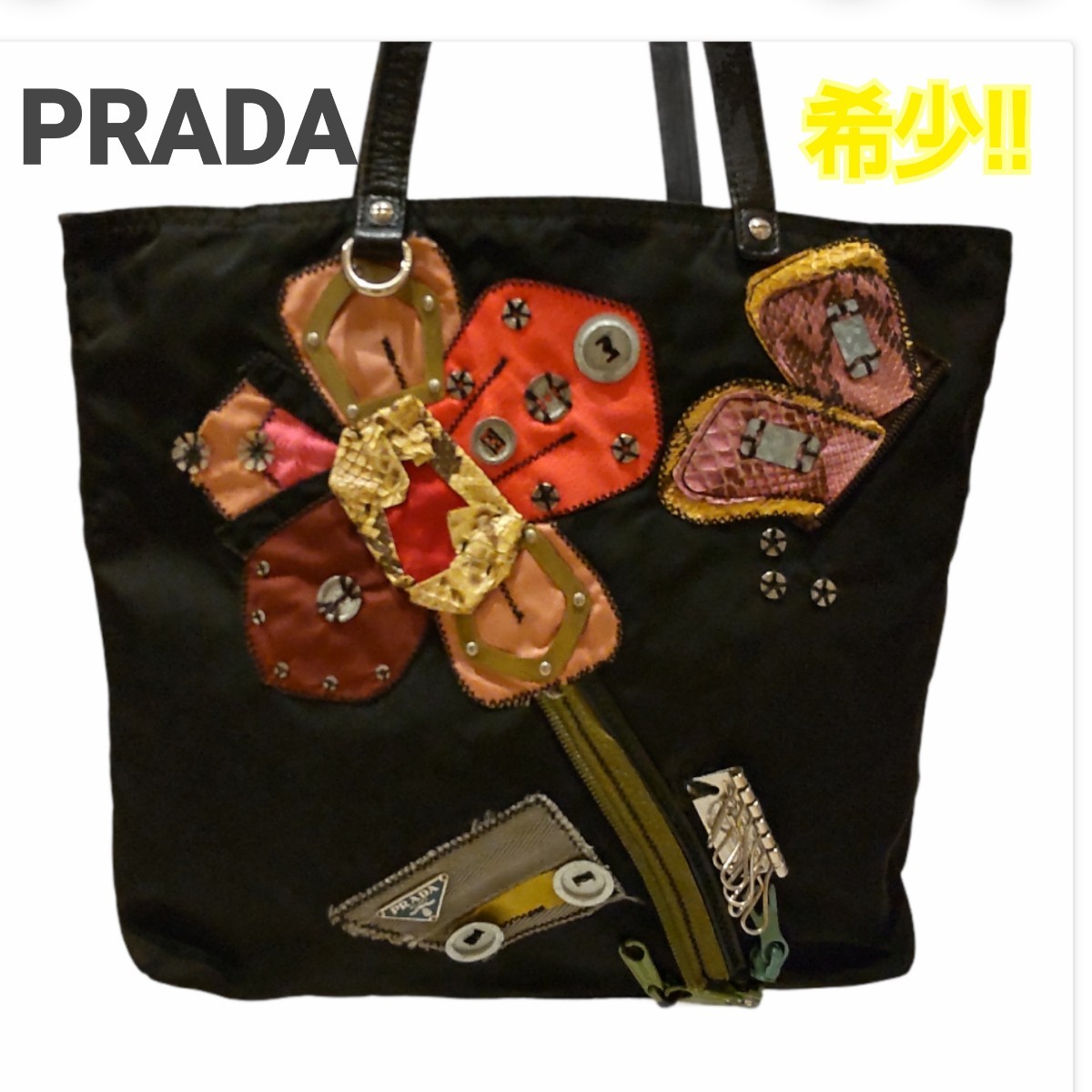 希少 PRADA プラダ BR2844 トートバック 花 パッチワーク 黒 花 希少 PRADA プラダ BR2844 トートバック 花 パッチワーク 黒 花