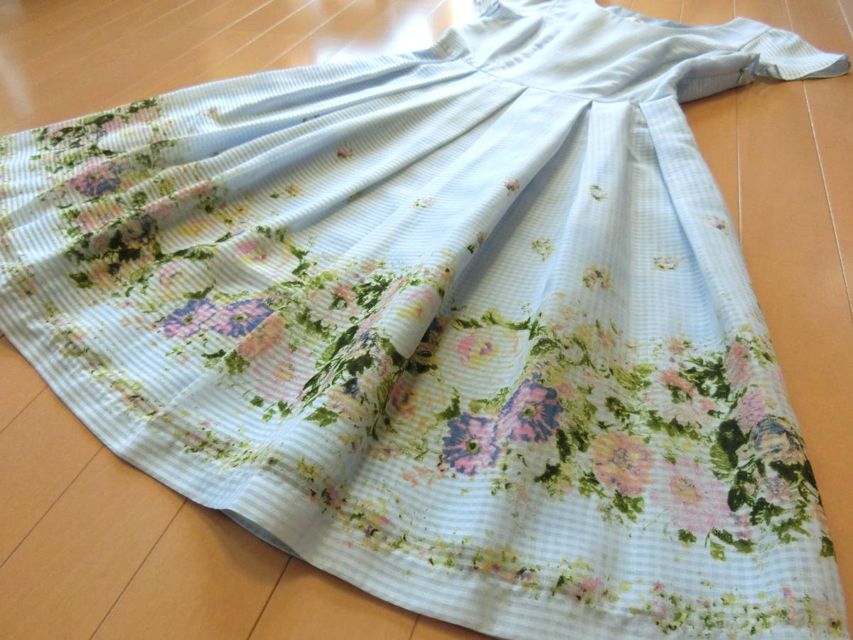 【送料無料】【美品】★L'EST ROSE*レストローズ☆パレットフラワーボーダーワンピース バックレースアップ MT ライトブルー水色
