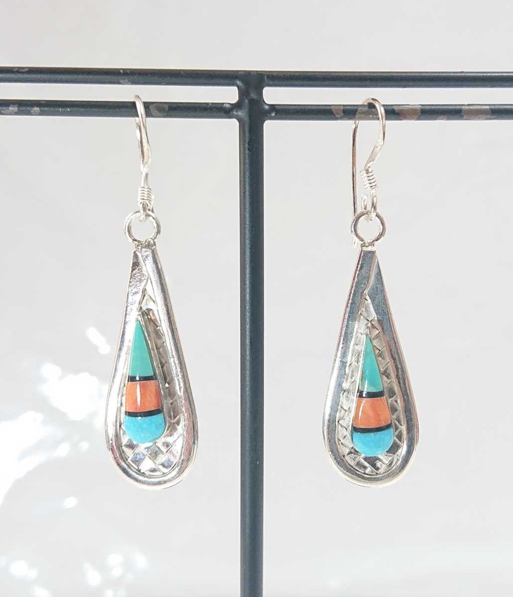 5240 SILVER925 knitting Teardrop earrings silver 925 long Indian jewelry Navajo turquoise coral .. beautiful stone 