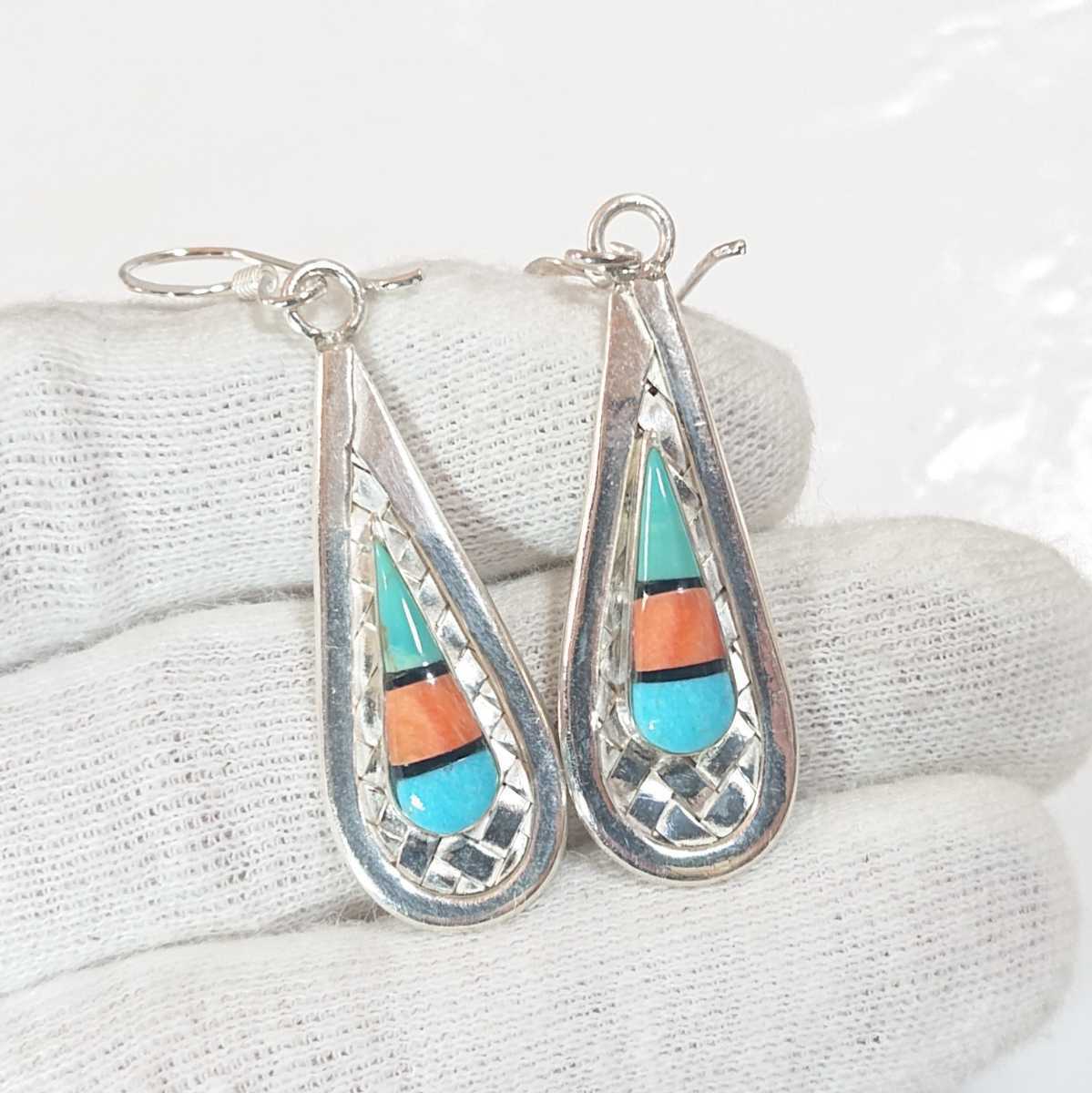 5240 SILVER925 knitting Teardrop earrings silver 925 long Indian jewelry Navajo turquoise coral .. beautiful stone 