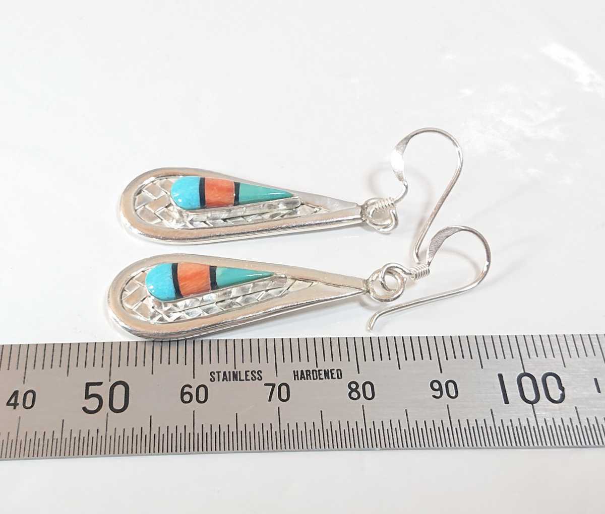 5240 SILVER925 knitting Teardrop earrings silver 925 long Indian jewelry Navajo turquoise coral .. beautiful stone 