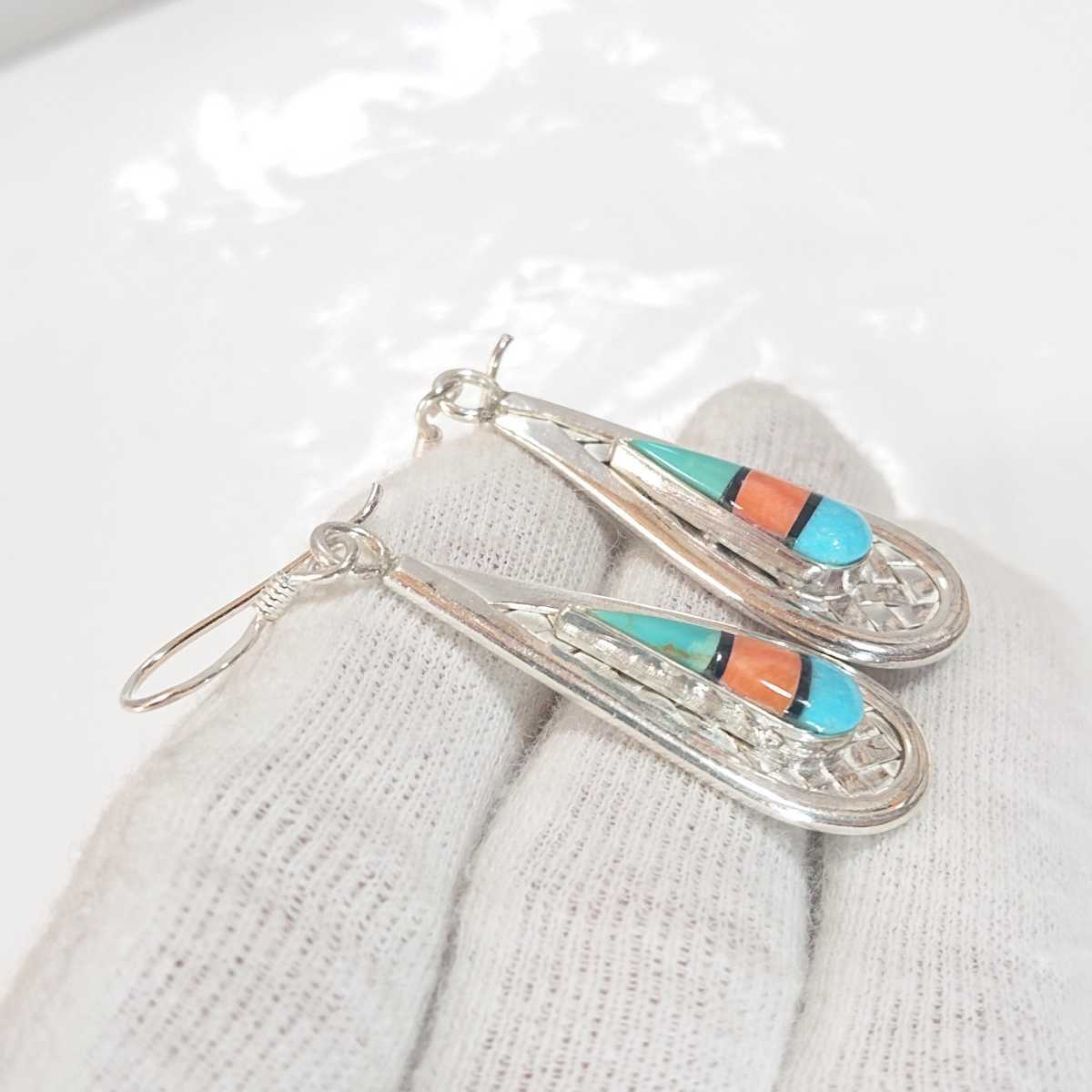 5240 SILVER925 knitting Teardrop earrings silver 925 long Indian jewelry Navajo turquoise coral .. beautiful stone 