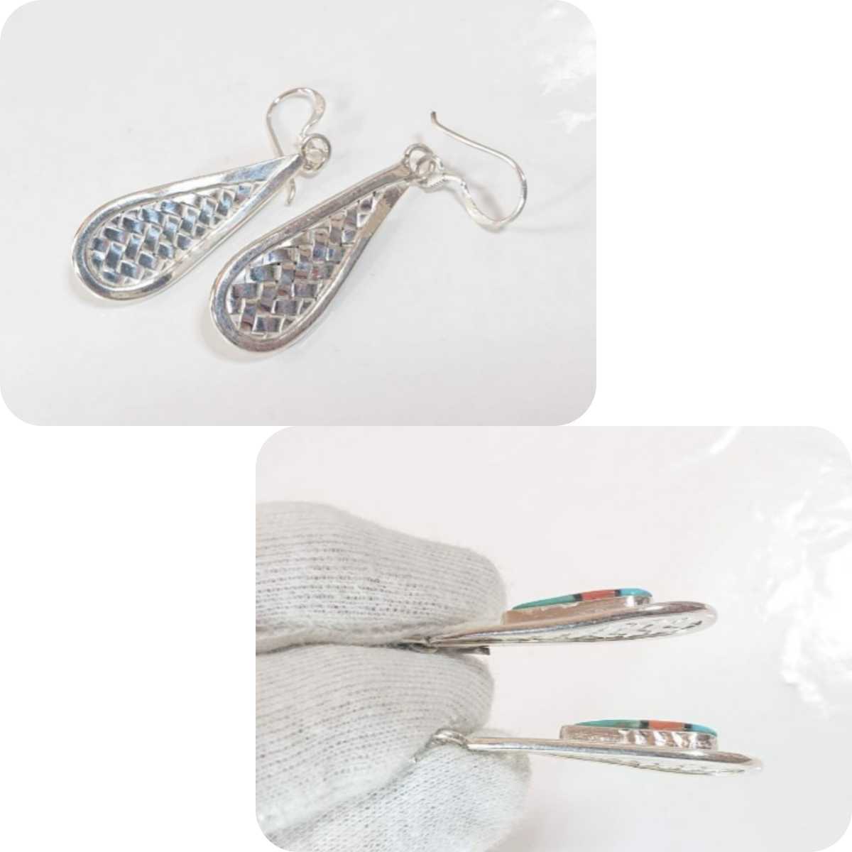 5240 SILVER925 knitting Teardrop earrings silver 925 long Indian jewelry Navajo turquoise coral .. beautiful stone 