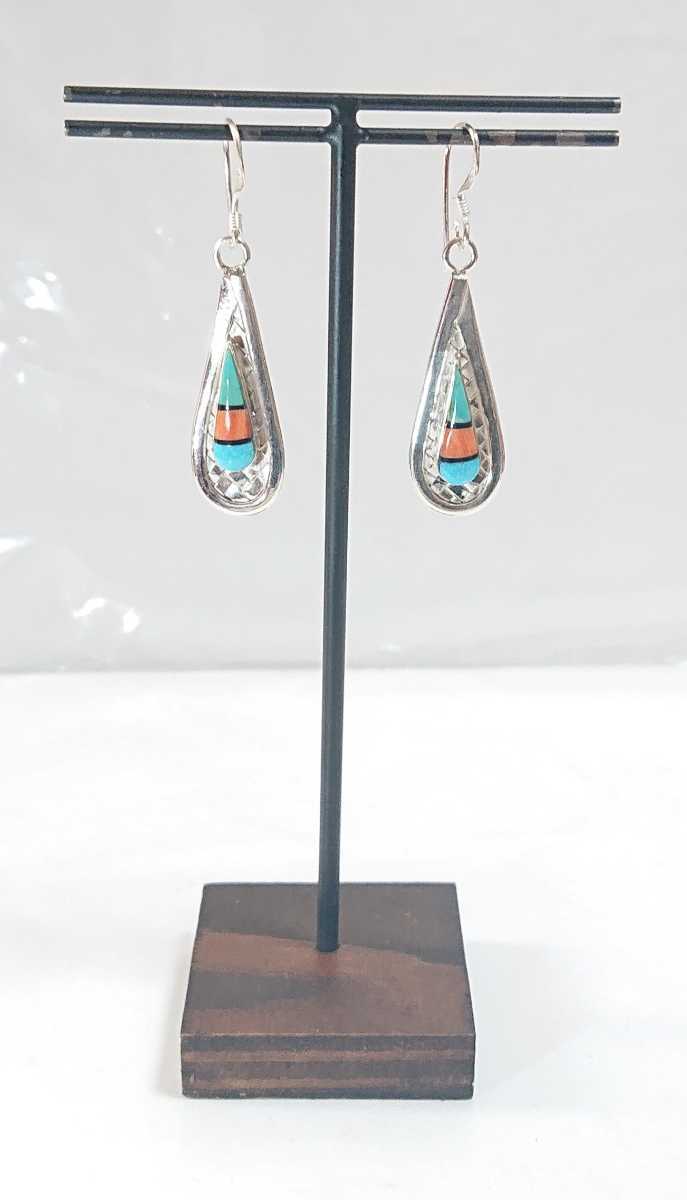 5240 SILVER925 knitting Teardrop earrings silver 925 long Indian jewelry Navajo turquoise coral .. beautiful stone 