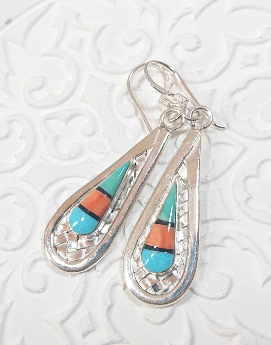 5240 SILVER925 knitting Teardrop earrings silver 925 long Indian jewelry Navajo turquoise coral .. beautiful stone 