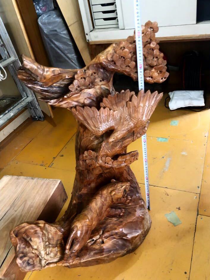 一木造 木彫 虎 鷹 松 木彫り オブジェ 飾り 美術 高さ約84cm(本体のみ、台無し)