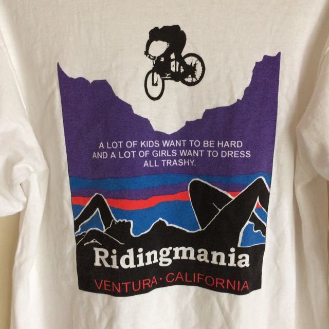 美品 90s Ridingmania Sサイズ USA製 ライディングマニア 長袖Tシャツ ホワイト ビンテージ Patagonia パタゴニア パロディ BMX beneficialの画像1