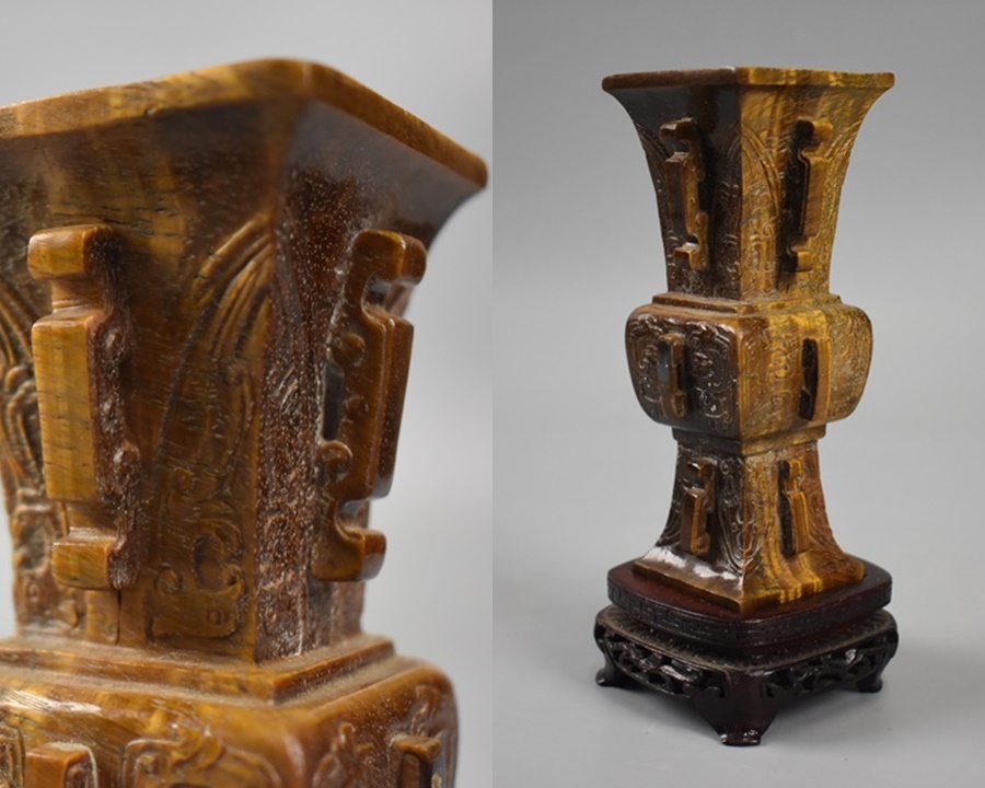 時代物 虎目石彫刻 尊式 花瓶 饕餮紋 唐木台付 唐物 細密細工 古美術品 