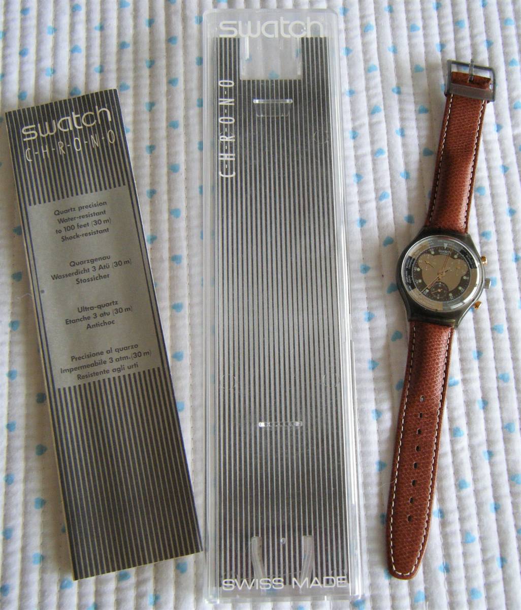 スウォッチ　swatch　CHRONO　JET LAG SCM 102　アナログ3針式腕時計　レザーベルト仕様　防水機能　ケース付き/説明書付き　1993年製_画像1