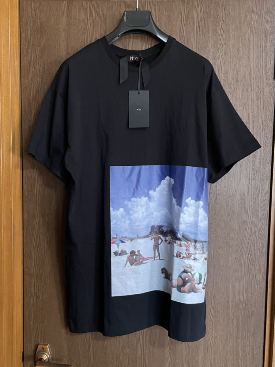 XXS新品 N°21 メンズ フォトプリント ロゴ オーバーサイズ Tシャツ 半袖 カットソー ヌメロヴェントゥーノ size XXS N21 ヌメロ ブラック