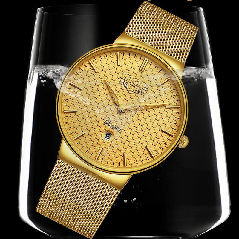 【中古売ります】【最安値に挑戦】Ligeファッションメンズ腕時計高級超薄型クォーツ時計鋼メッシュストラップ防水金時計レロジオmasculino_画像4