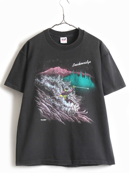 90's USA製 大きいサイズ XL 人気 黒 ■ スキー アート 発泡 プリント 半袖 Tシャツ ( 男性 メンズ ) 古着 90年代 半袖Tシャツ プリントT