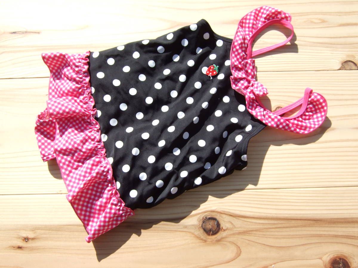* beautiful goods! polka dot pattern black frill One-piece swimsuit 120 centimeter (18)*