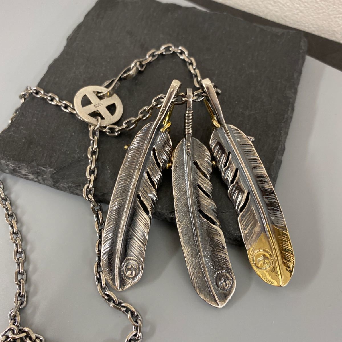 シルバー925 三連フェザーネックレス 金爪 ターコイズフェザー シルバー925 三連フェザーネックレス 金爪 ターコイズフェザー