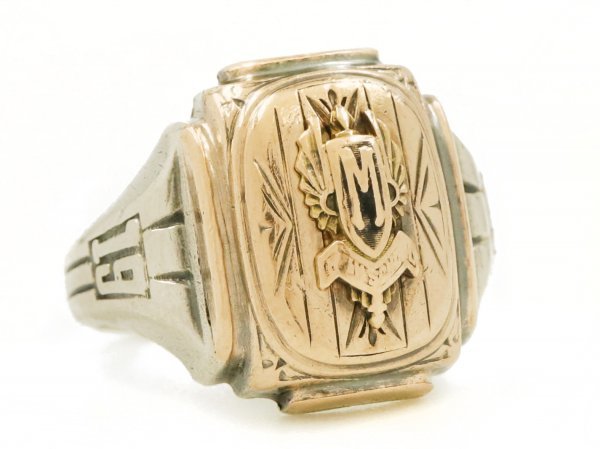 1945年 HERFF JONES ビンテージ ゴールドトップ シルバー製 アールデコ カレッジリング アンティーク 指輪