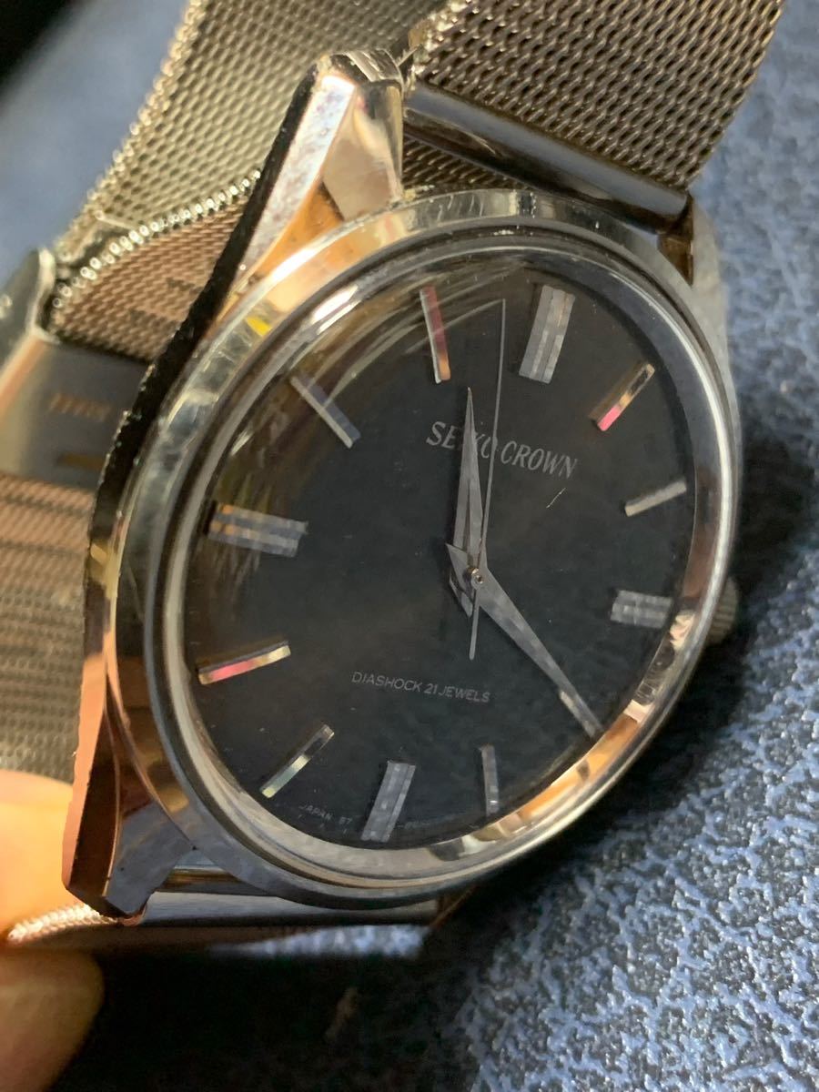 希少 SEIKO CROWN セイコー クラウン 黒文字盤 手巻き 57-8010 21石 タツノオトシゴ