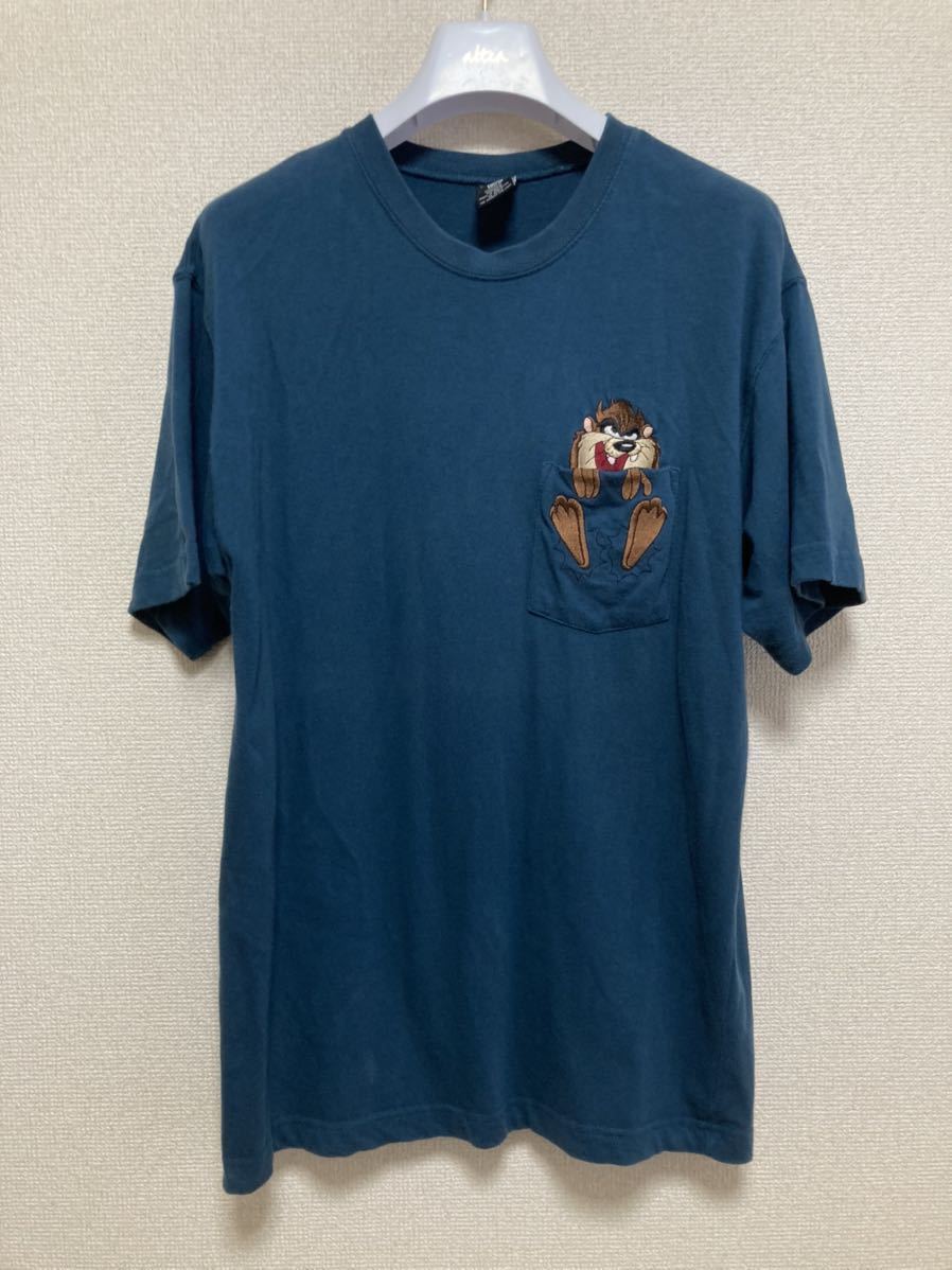 90's ヴィンテージ WARNER BROS ワーナーブラザーズ タズマニアン デビル Tシャツ ポケットTシャツ 刺繍 Tee 半袖Tシャツ /S 90年代