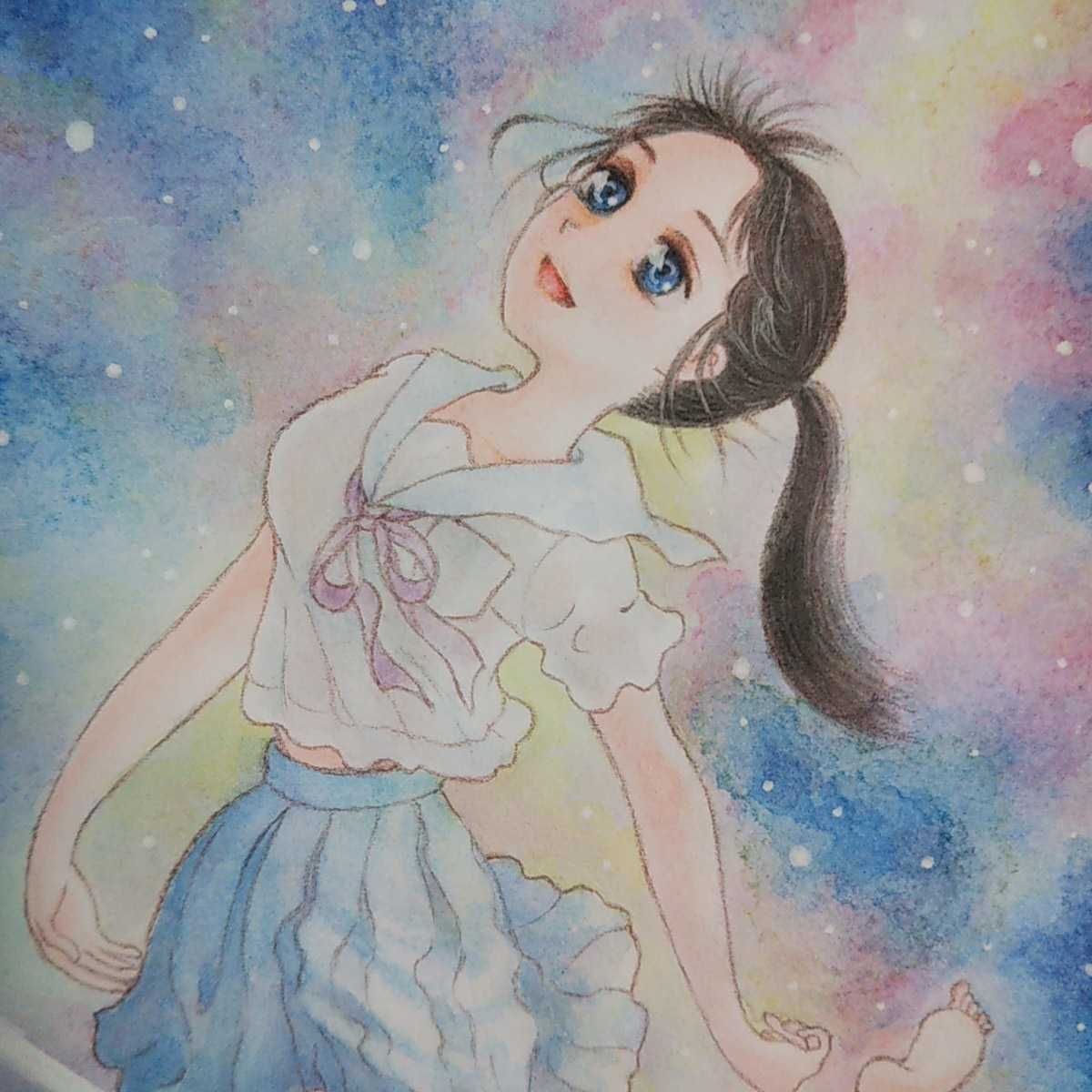 手描き自作創作イラスト オリジナル 原画一点もの アナログ 透明水彩絵具 星の海を泳ぐ女の子 セーラー服 的详细信息 雅虎拍卖代拍 From Japan