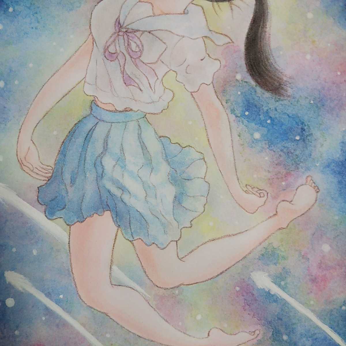 手描き自作創作イラスト オリジナル 原画一点もの アナログ 水彩絵具 星の海を泳ぐ女の子 セーラー服 的详细信息 雅虎拍卖代拍 From Japan