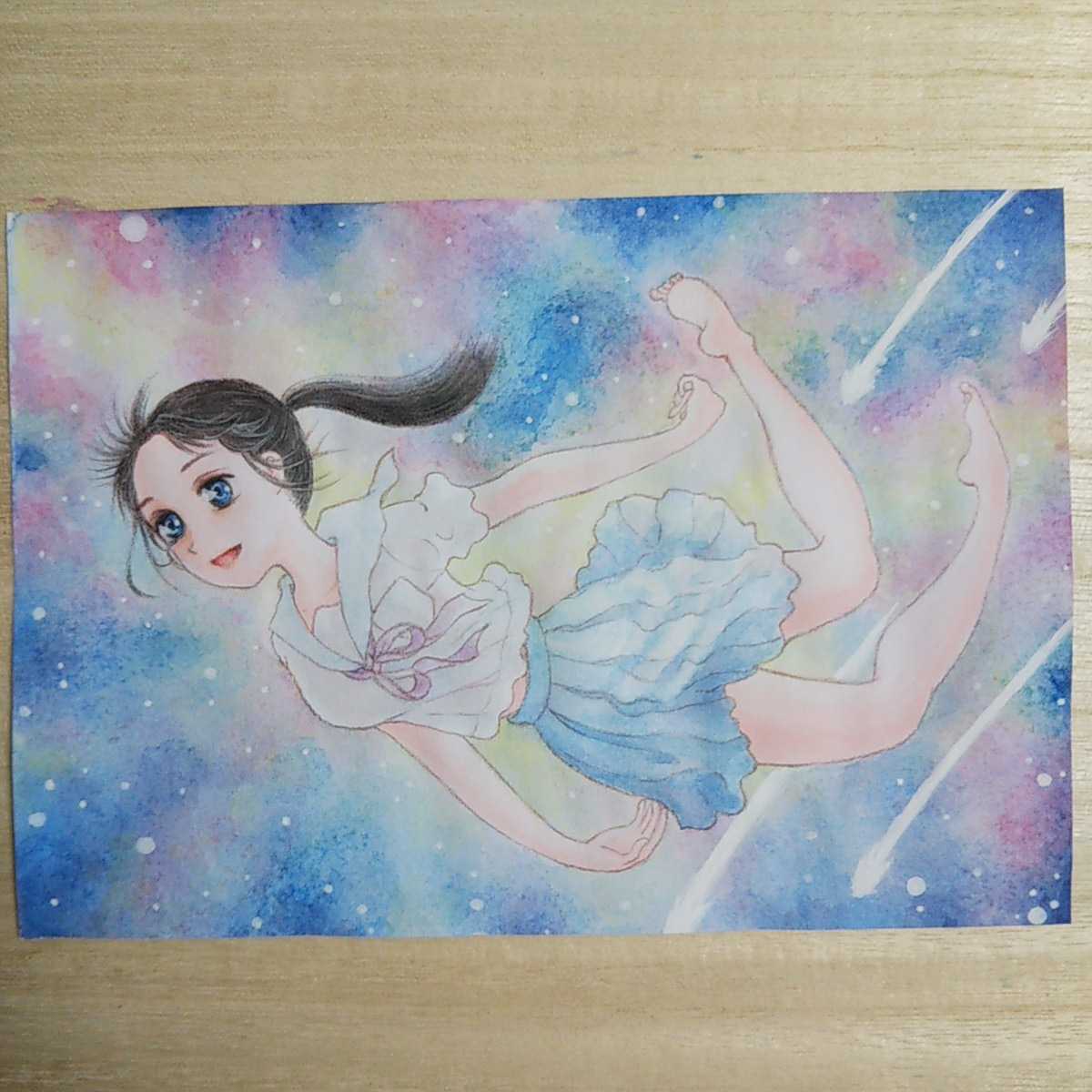 手描き自作創作イラスト オリジナル 原画一点もの アナログ 透明水彩絵具 星の海を泳ぐ女の子 セーラー服 的详细信息 雅虎拍卖代拍 From Japan